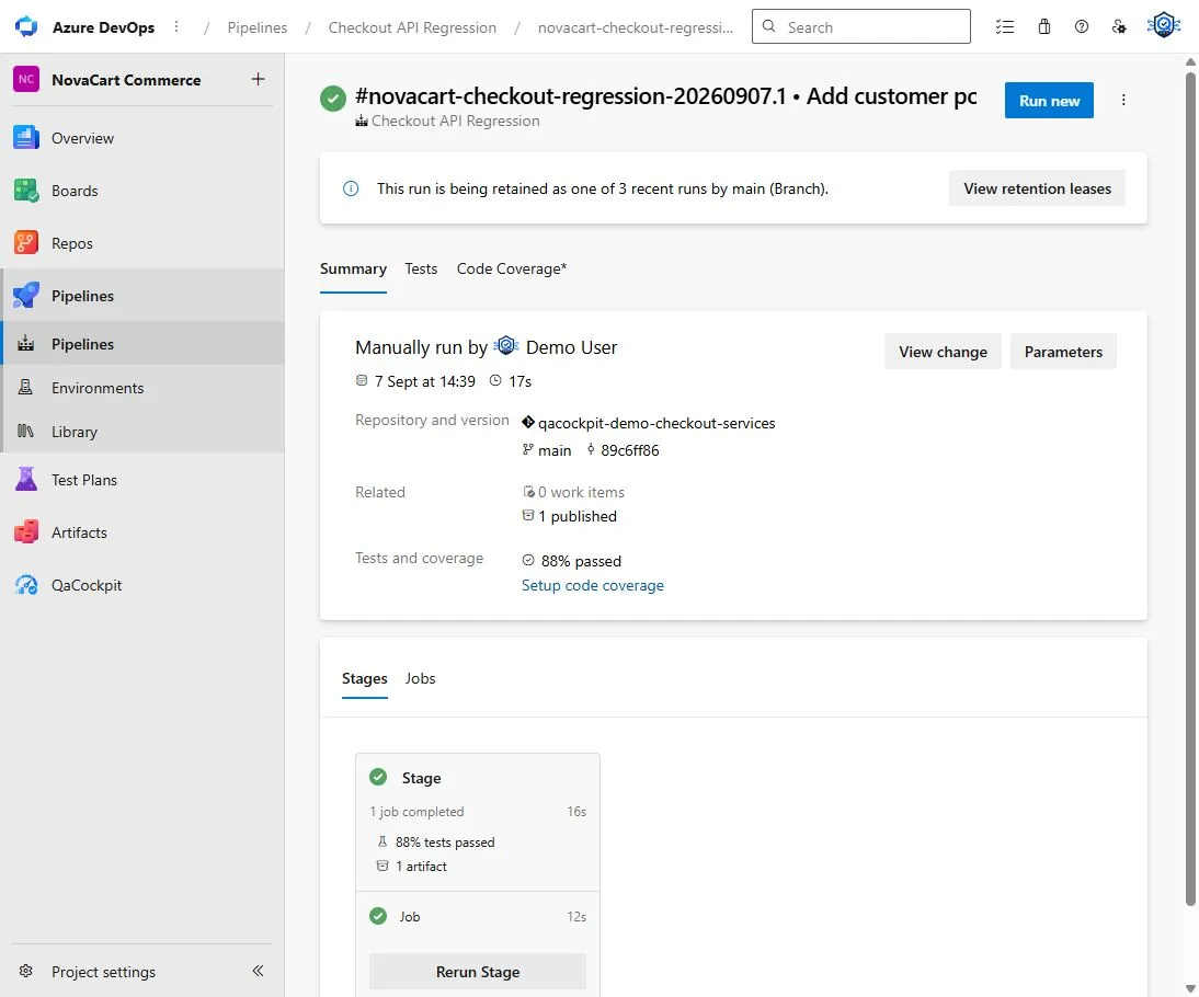 Azure Pipelines run 75 showing the source SHA, one published artifact, and an 88 percent test pass rate despite the successful pipeline result.