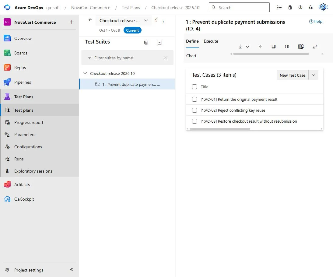 Azure Test Plans requirement-based suite for Issue 1 containing three manually designed Test Cases labeled AC-01 through AC-03.