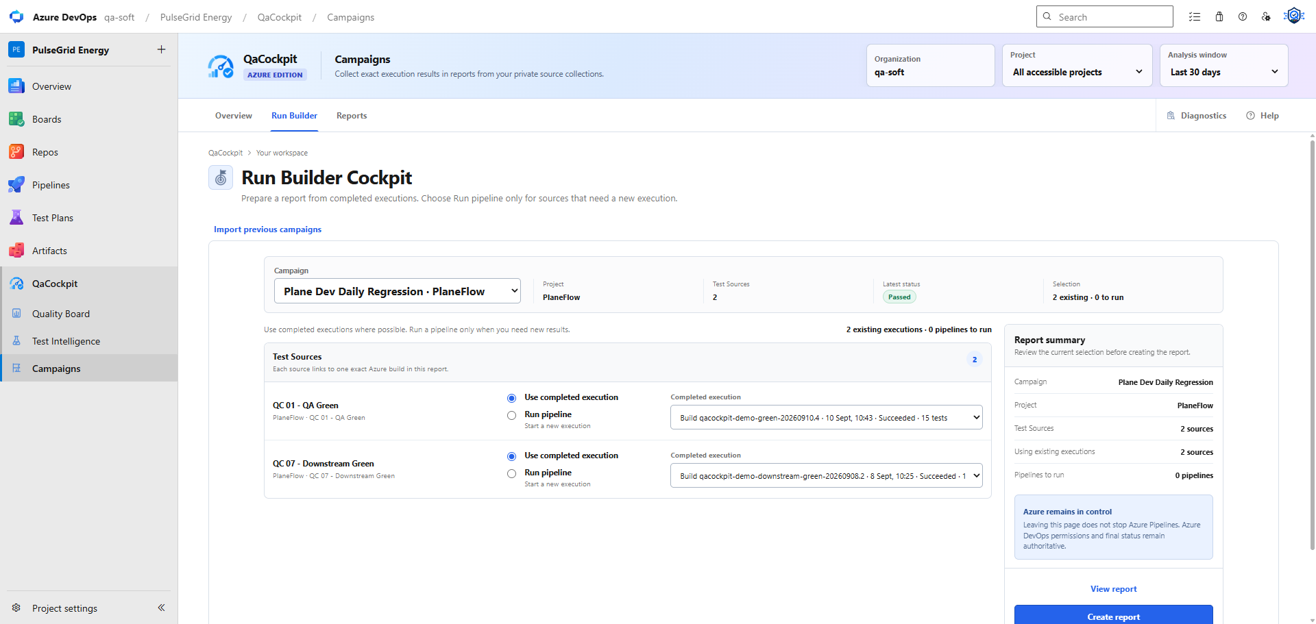 QaCockpit Run Builder in Azure DevOps using two existing completed executions and showing that no pipelines need to run.