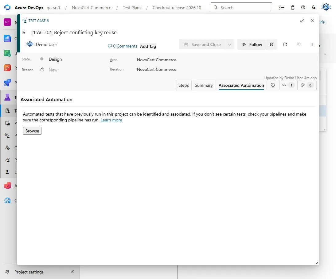 Azure Test Case 6 on the Associated Automation tab, showing that available project test results can be browsed but no automated method is associated automatically.
