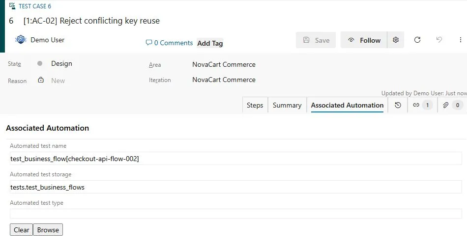 Azure Test Case 6 associated with the published checkout-api-flow-002 automated test.