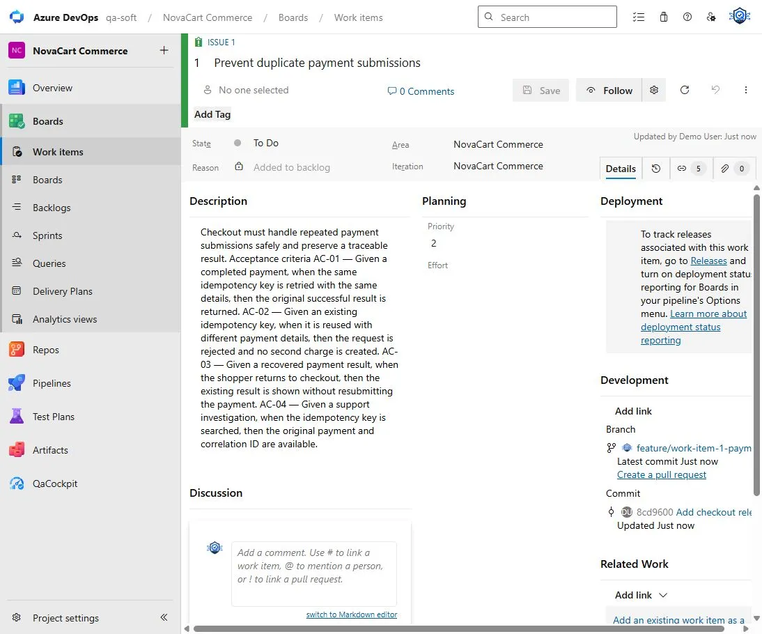 Azure Boards Issue 1 showing four labeled acceptance criteria in one rich-text field and native development links on the same work item.