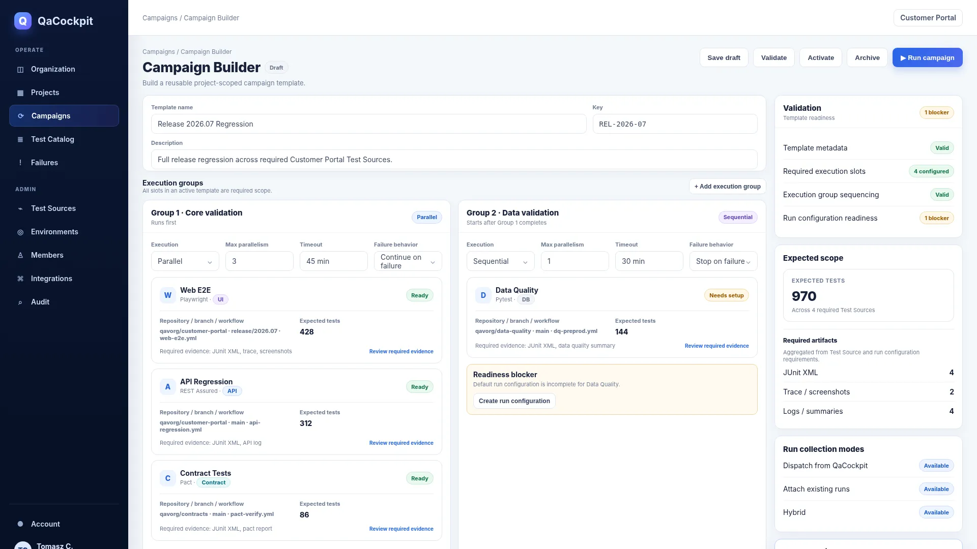 QaCockpit campaign builder arranging reusable execution profiles into sequential and parallel regression stages.