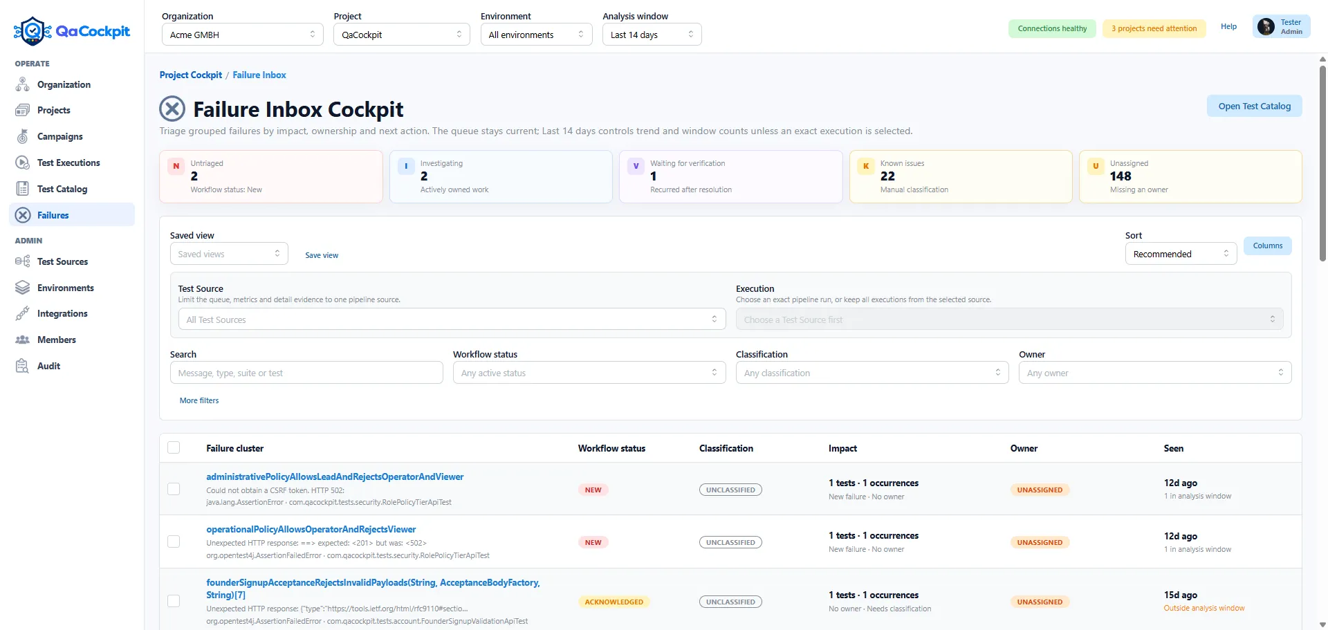 QaCockpit Failure Inbox showing grouped automated-test failures, workflow status, classification, impact, ownership, and analysis-window filters.