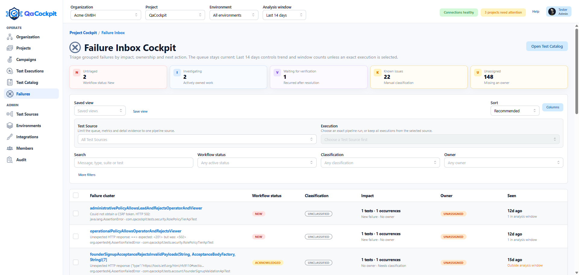 QaCockpit Failure Inbox grouping recurring automated test failures by triage state and impact.