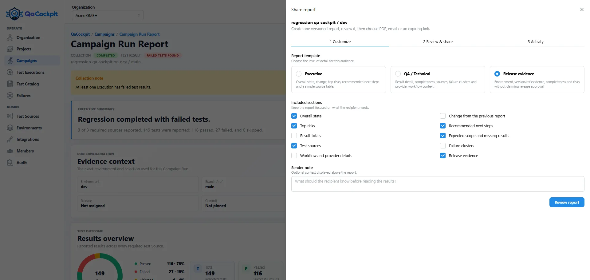 QaCockpit report-sharing drawer with Executive, QA and Release evidence templates plus selectable report sections and a sender note.